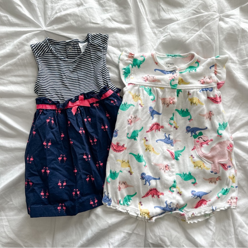 Bundle of 2 Baby Girl Outfits 6 Months Dinosaurs Flamingos Dress | Onesie